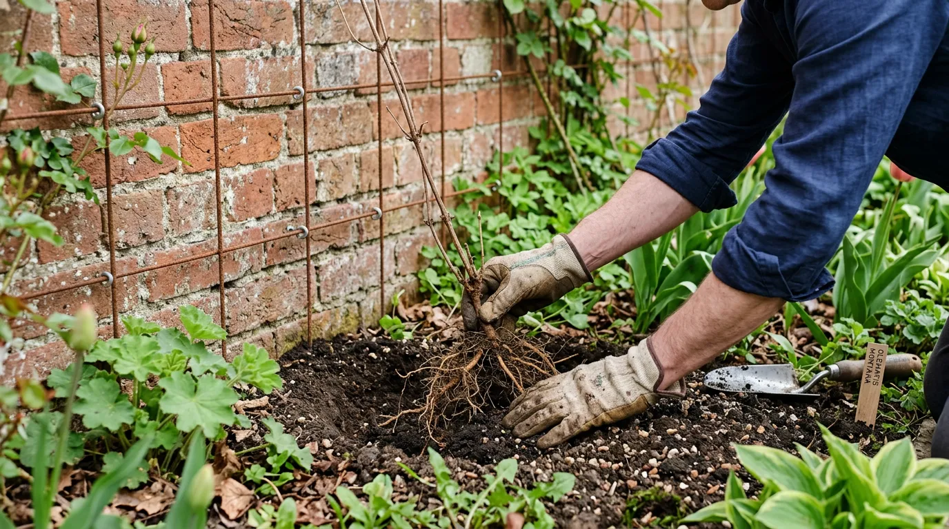 Hands planting a bare root climber next to a garden wall with wire supports, showing the planting hole 30cm from the wall