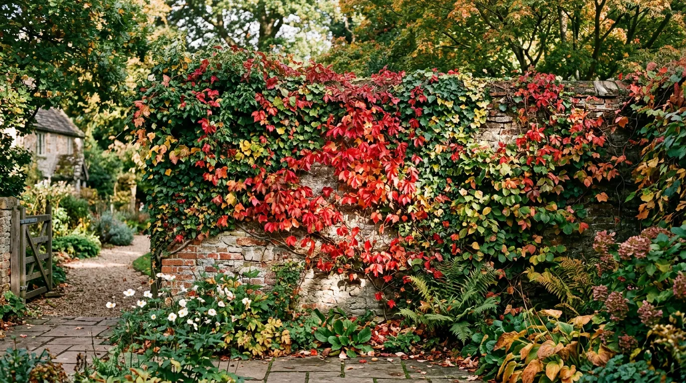 Ivy and Virginia creeper covering a north-facing garden wall in autumn colours with red and green foliage