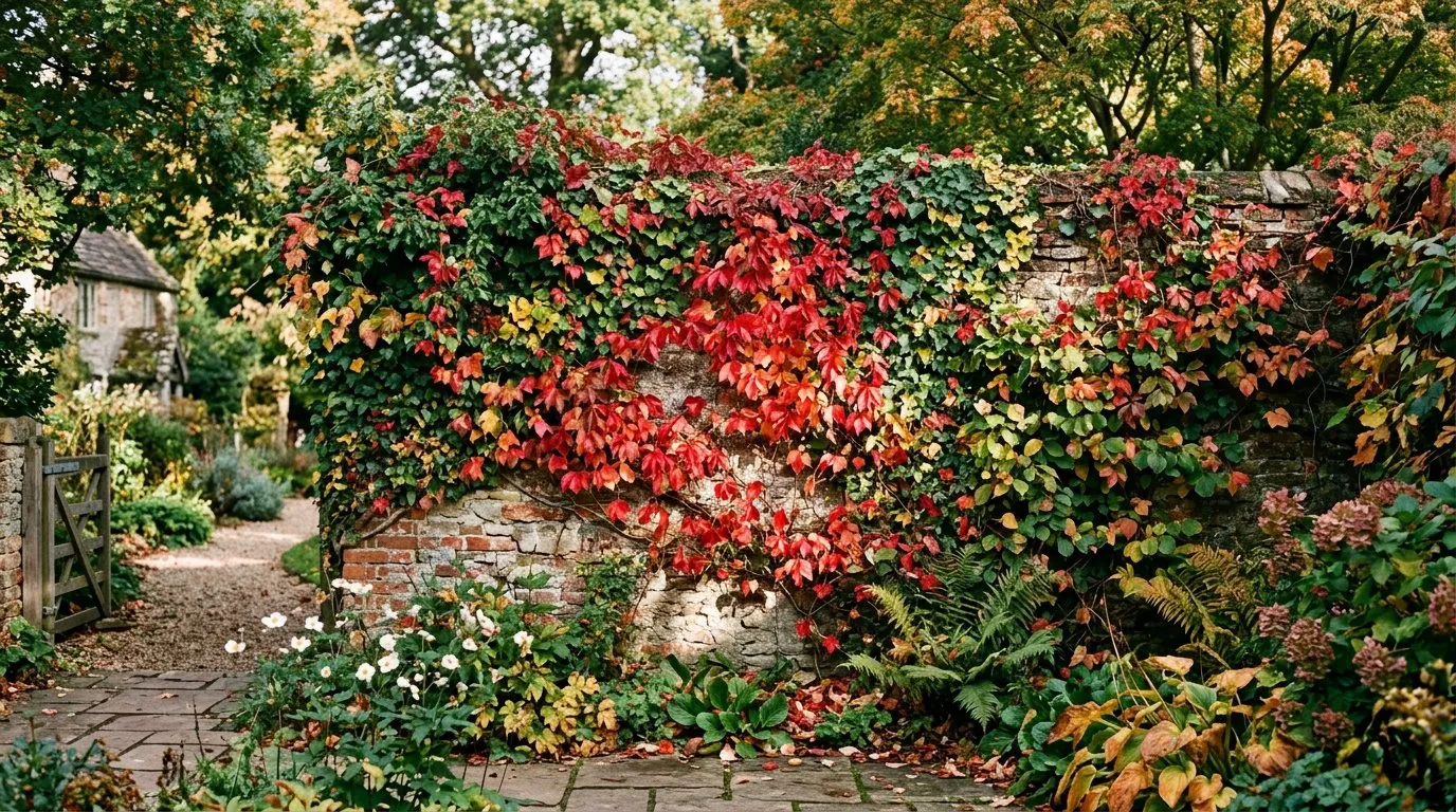 Climbing ivy and Virginia creeper covering a north-facing garden wall in autumn colours with red and green foliage