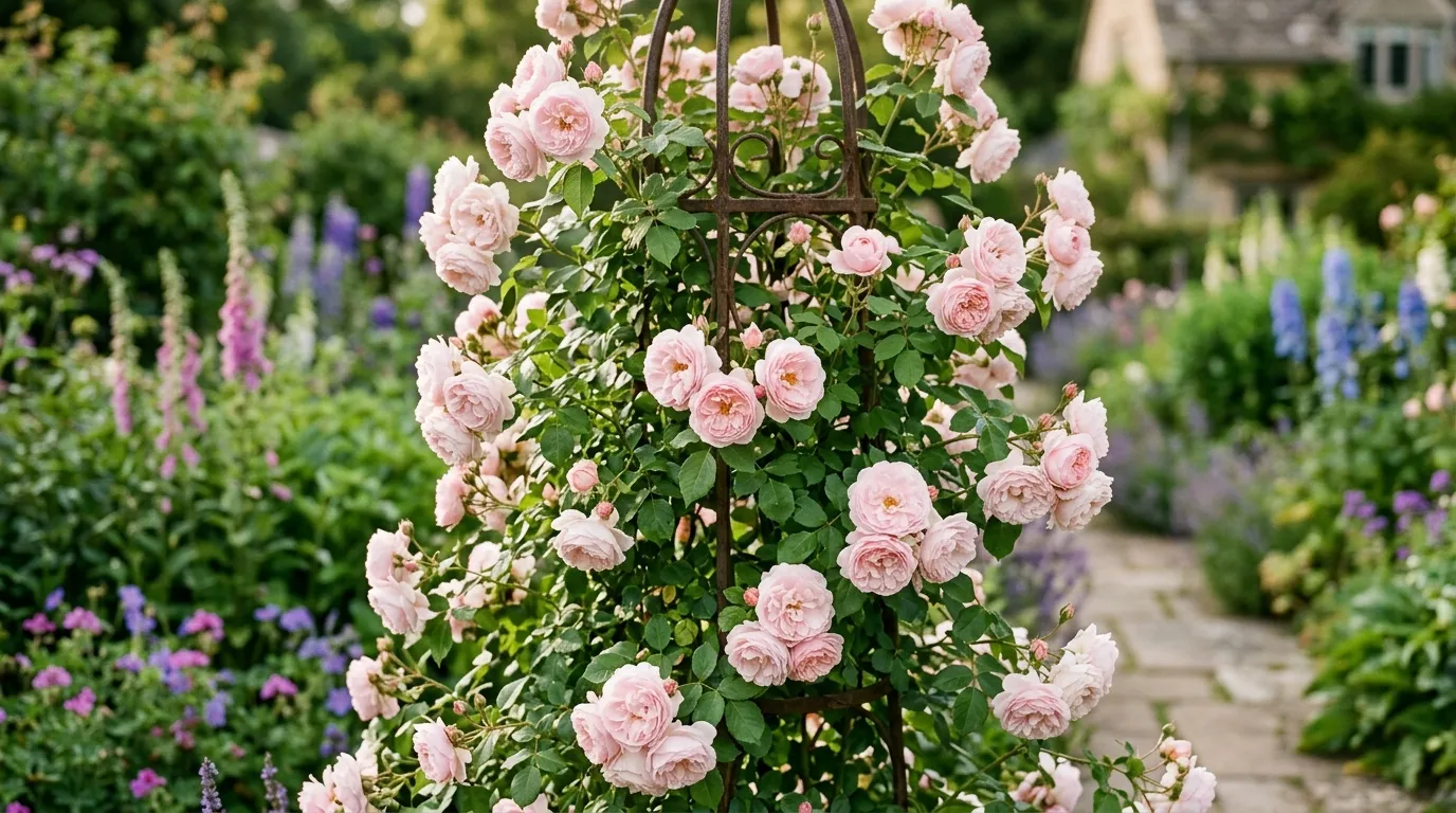 Climbing rose Generous Gardener with pale pink scented flowers