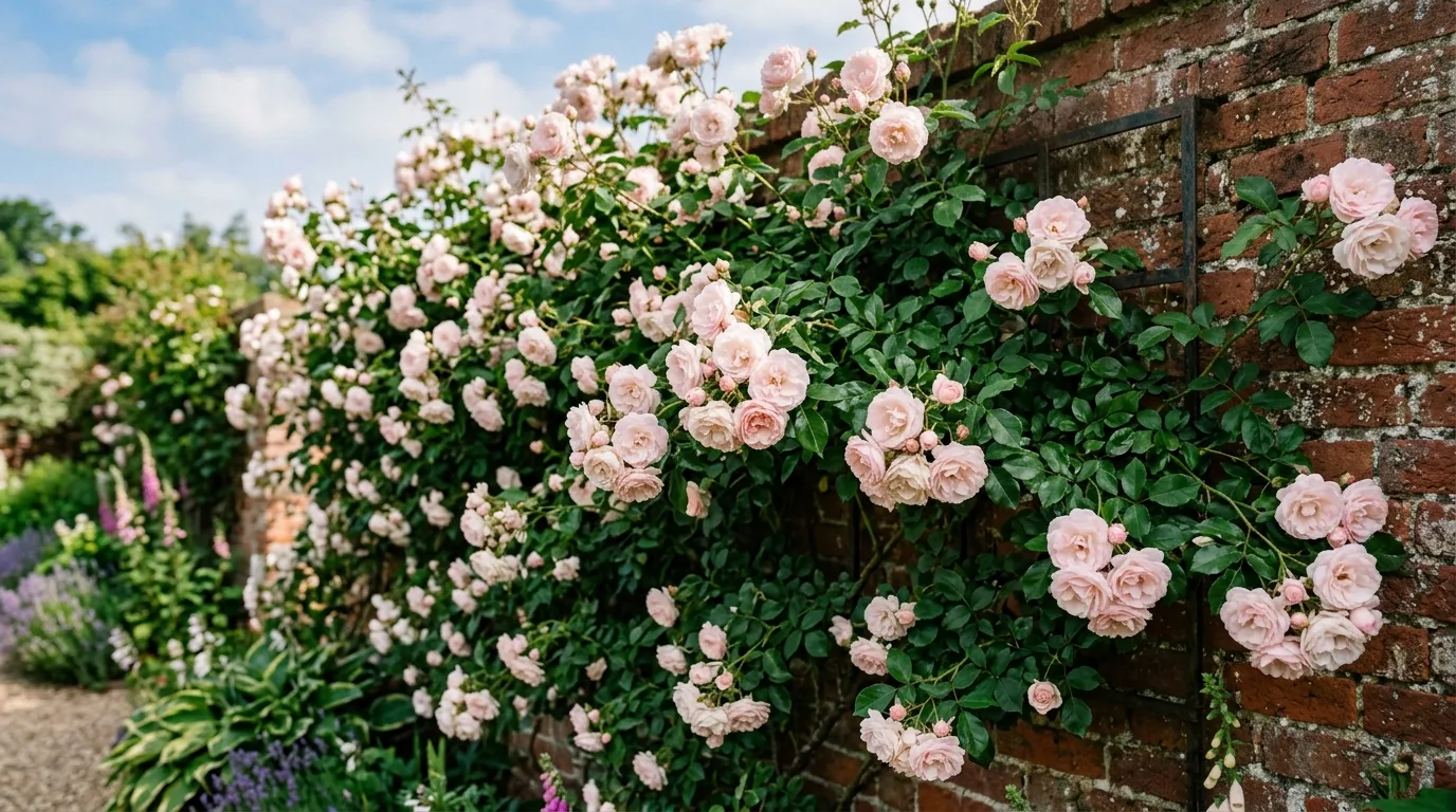 Climbing rose New Dawn growing on a garden wall in the UK