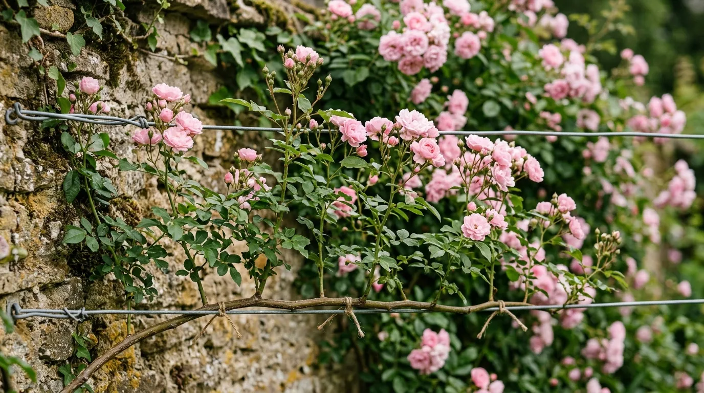 Training a climbing rose on horizontal wires on a garden wall