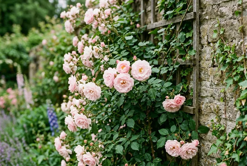 Climbing Rose (Rosa 'New Dawn') growing in a UK garden