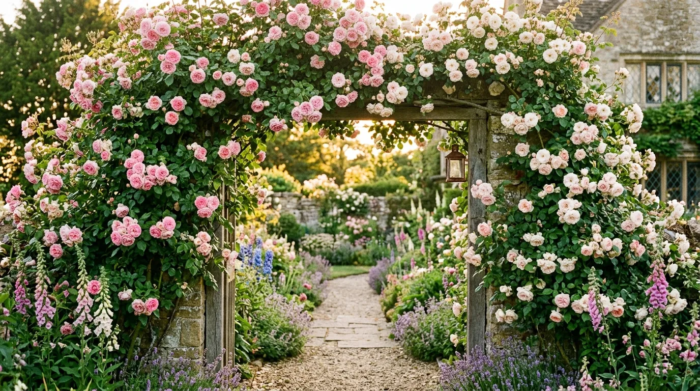 Climbing roses in full bloom covering a honey-coloured brick garden wall in a West Midlands cottage garden in June