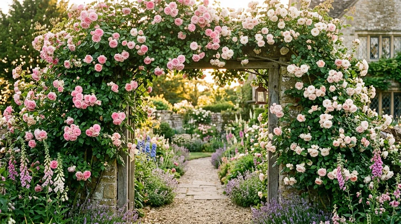 Climbing roses in full bloom covering a honey-coloured brick garden wall in a West Midlands cottage garden in June