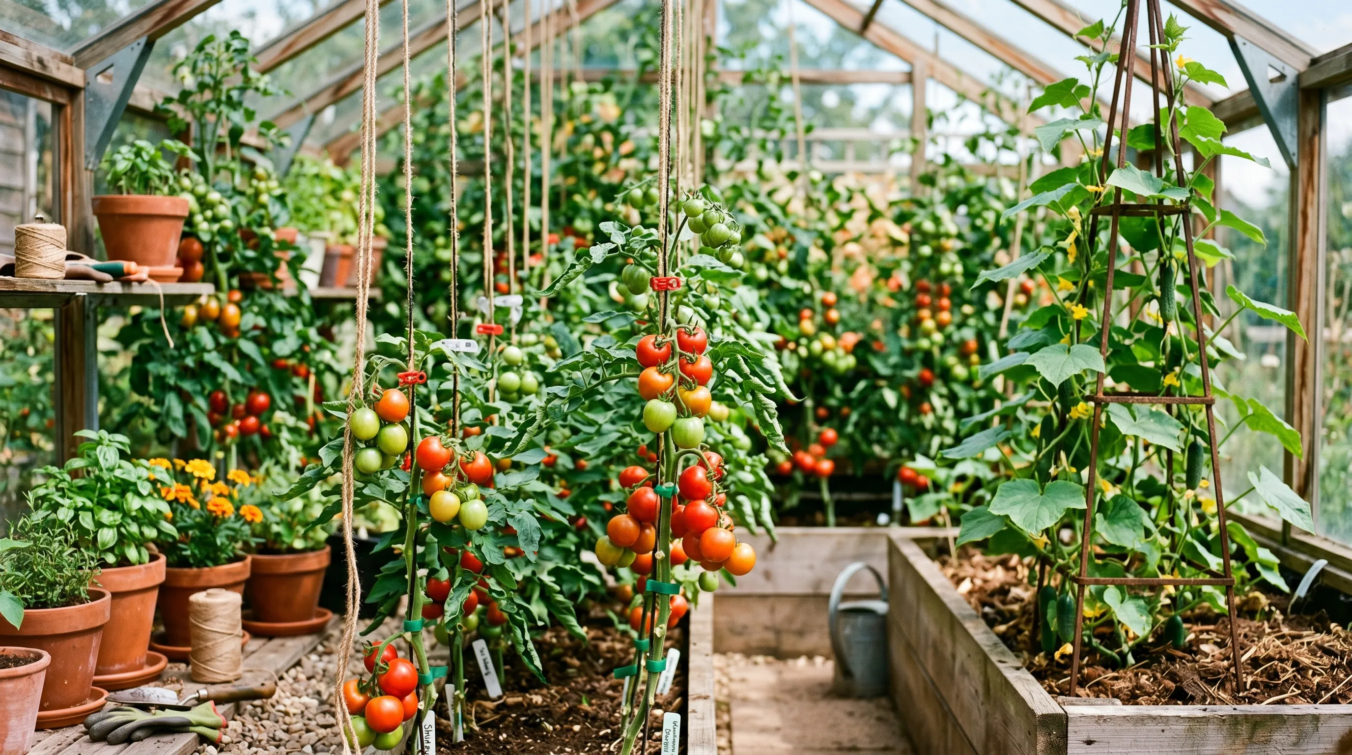 Cordon tomatoes trained up vertical jute strings in a UK greenhouse beside a tall metal obelisk holding a climbing cucumber