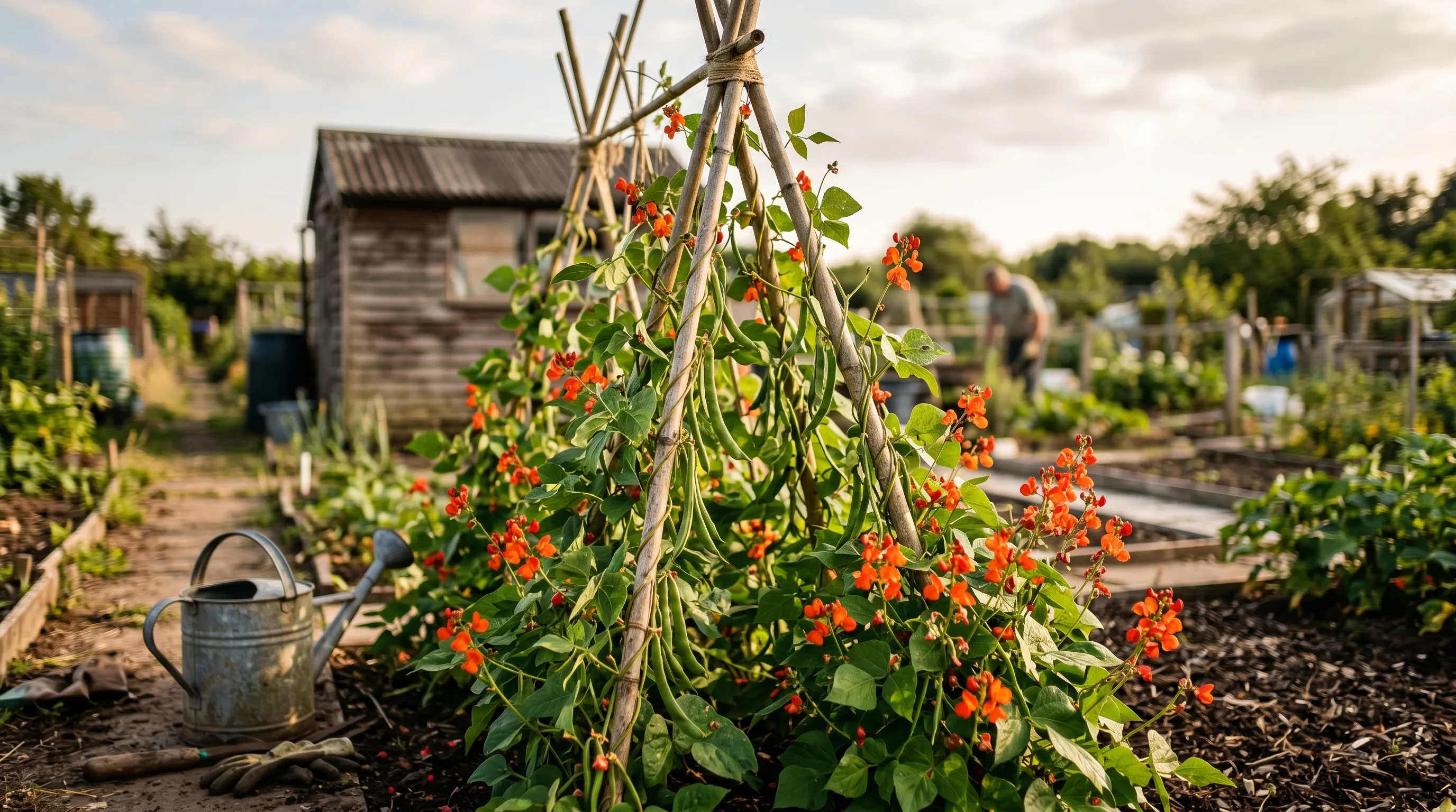Runner beans in flower climbing a bamboo wigwam on a British allotment in July with orange-red blooms and green pods