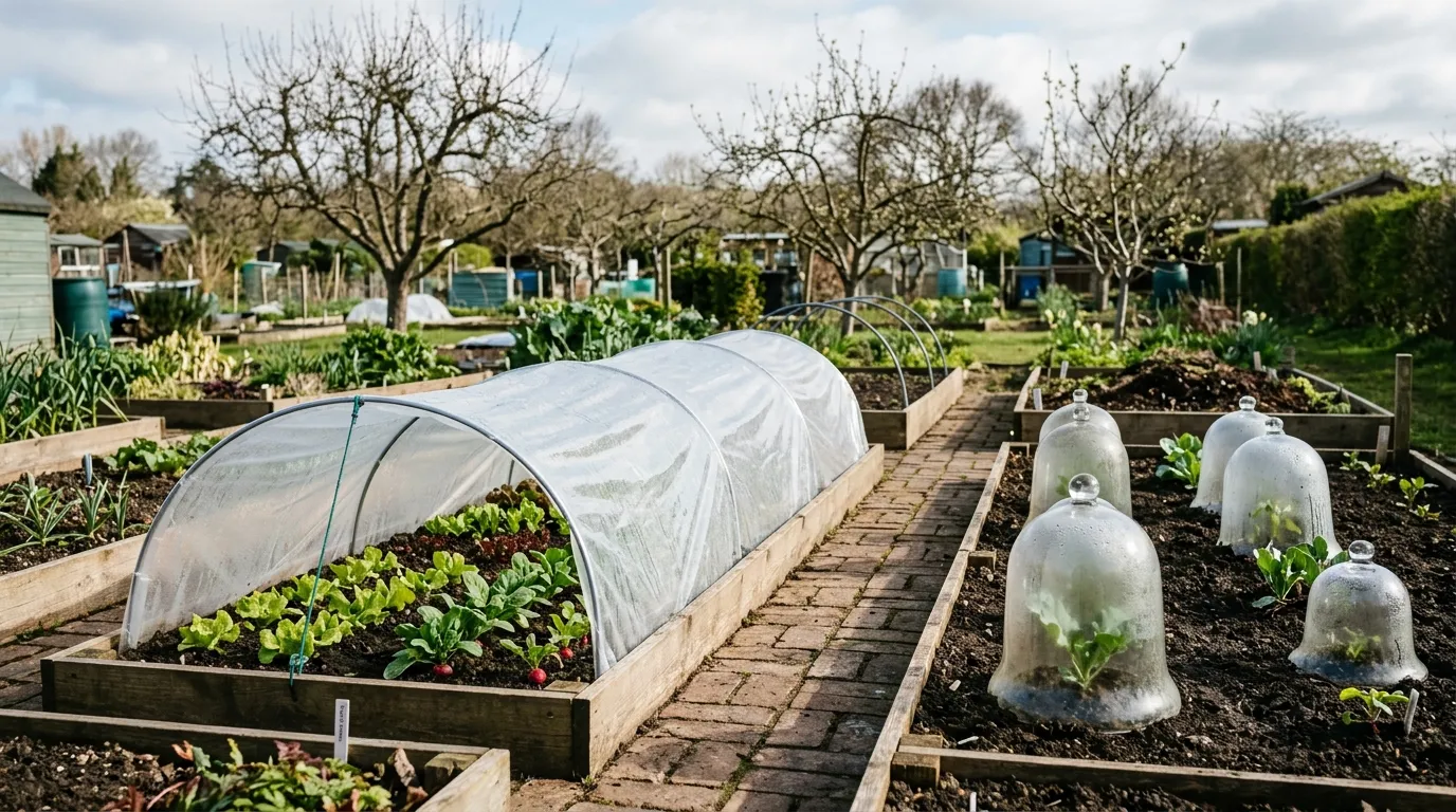 Cloches and low tunnels protecting crops in a UK vegetable garden