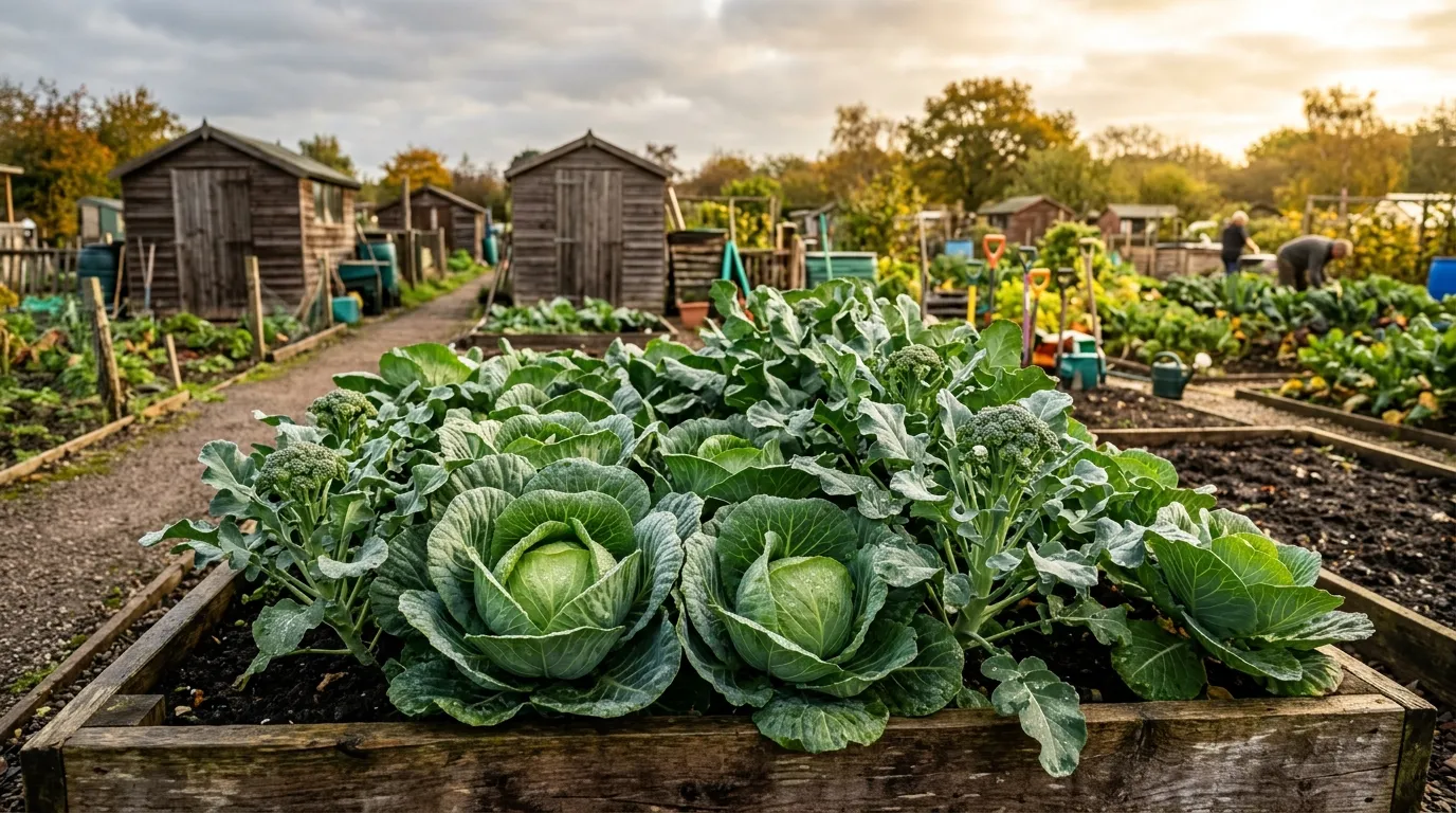 Healthy brassica plants growing in a UK allotment raised bed free from club root disease