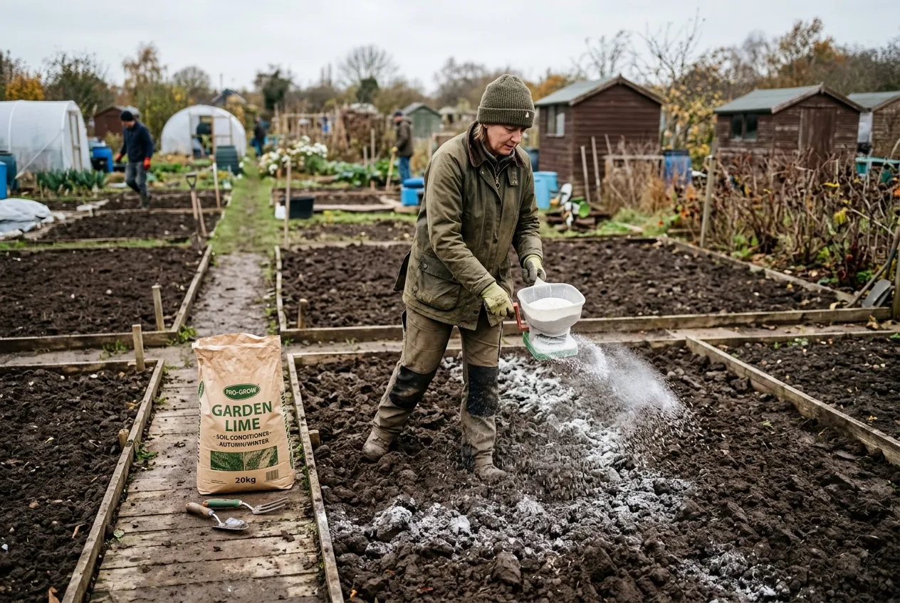 Liming an allotment bed with garden lime to prevent club root in brassicas