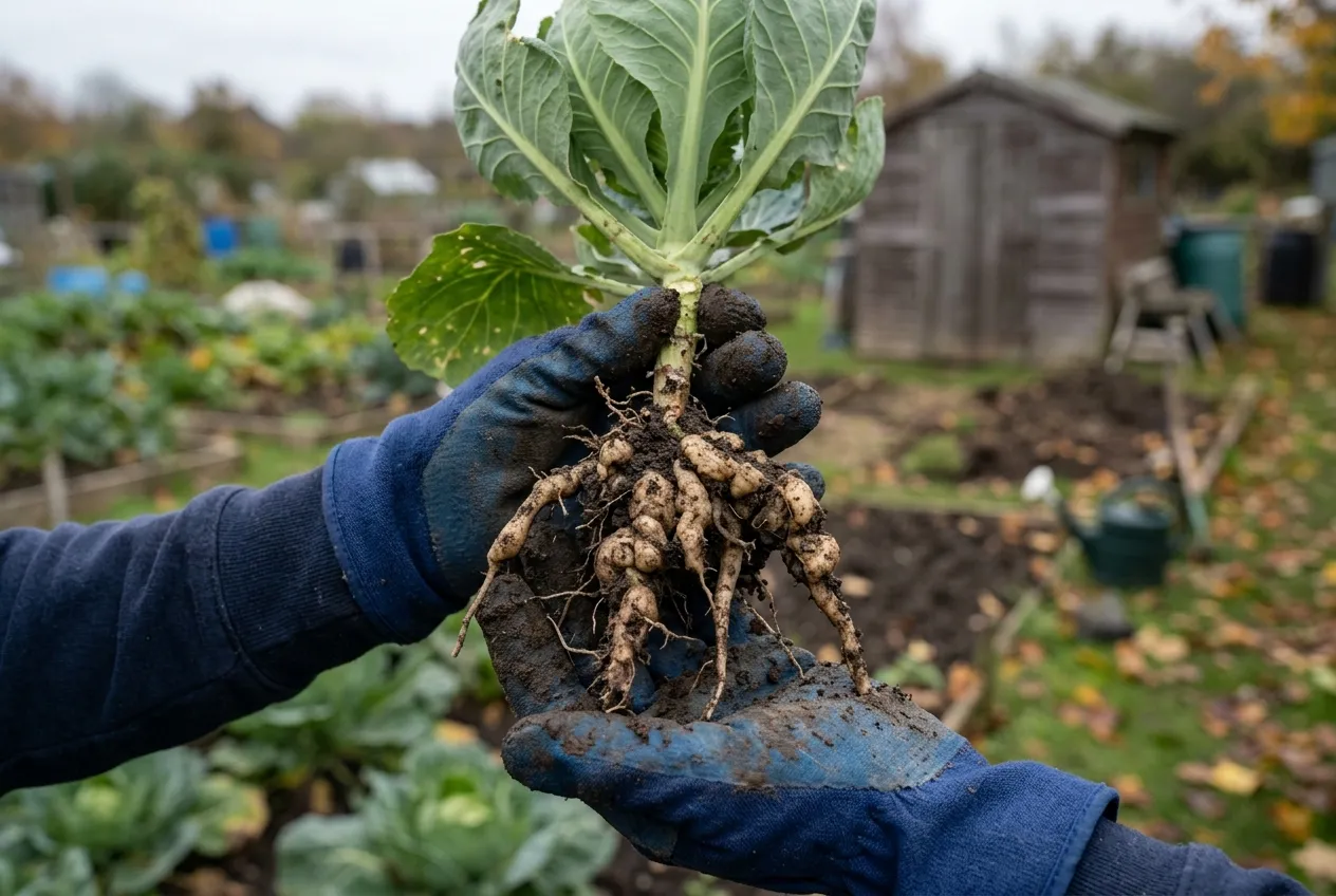 Club root symptoms showing swollen distorted brassica roots pulled from allotment soil