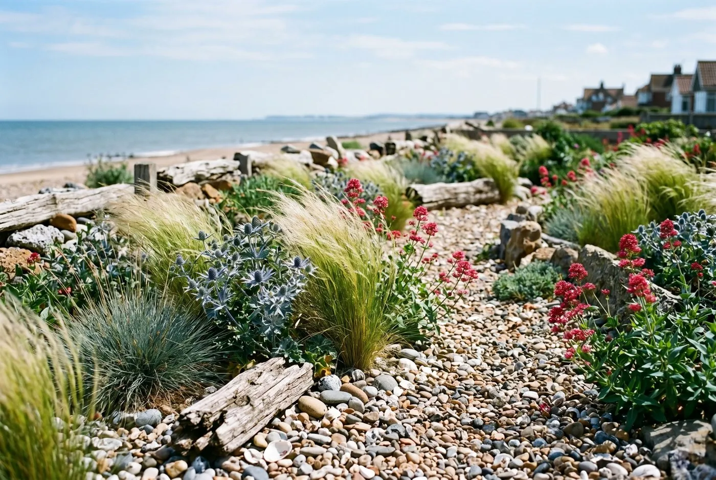 A gravel and shingle coastal garden with drifts of stipa and festuca grasses, sea holly and red valerian self-seeding between pebbles on the Suffolk coast