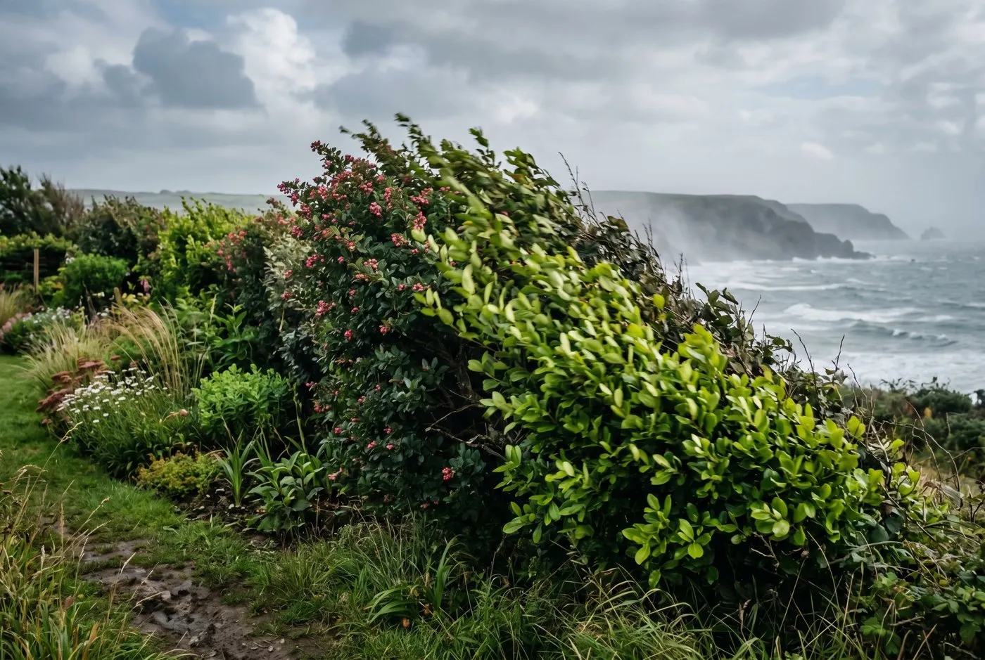 A mature permeable shelter belt hedge of escallonia and griselinia filtering coastal wind on a Pembrokeshire plot with calm planting in the lee