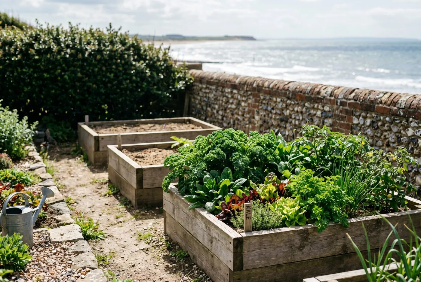 Timber raised beds on free-draining sandy coastal soil in a sheltered walled section of a Norfolk seaside garden with the sea beyond