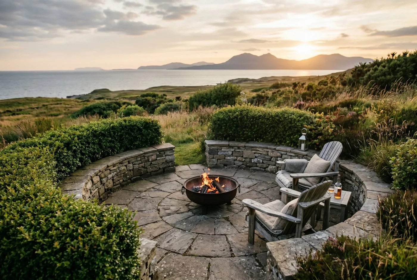A sunken sheltered seating room in a coastal garden enclosed by a low stone wall and clipped hedging with weathered chairs and a fire bowl on the west coast of Scotland