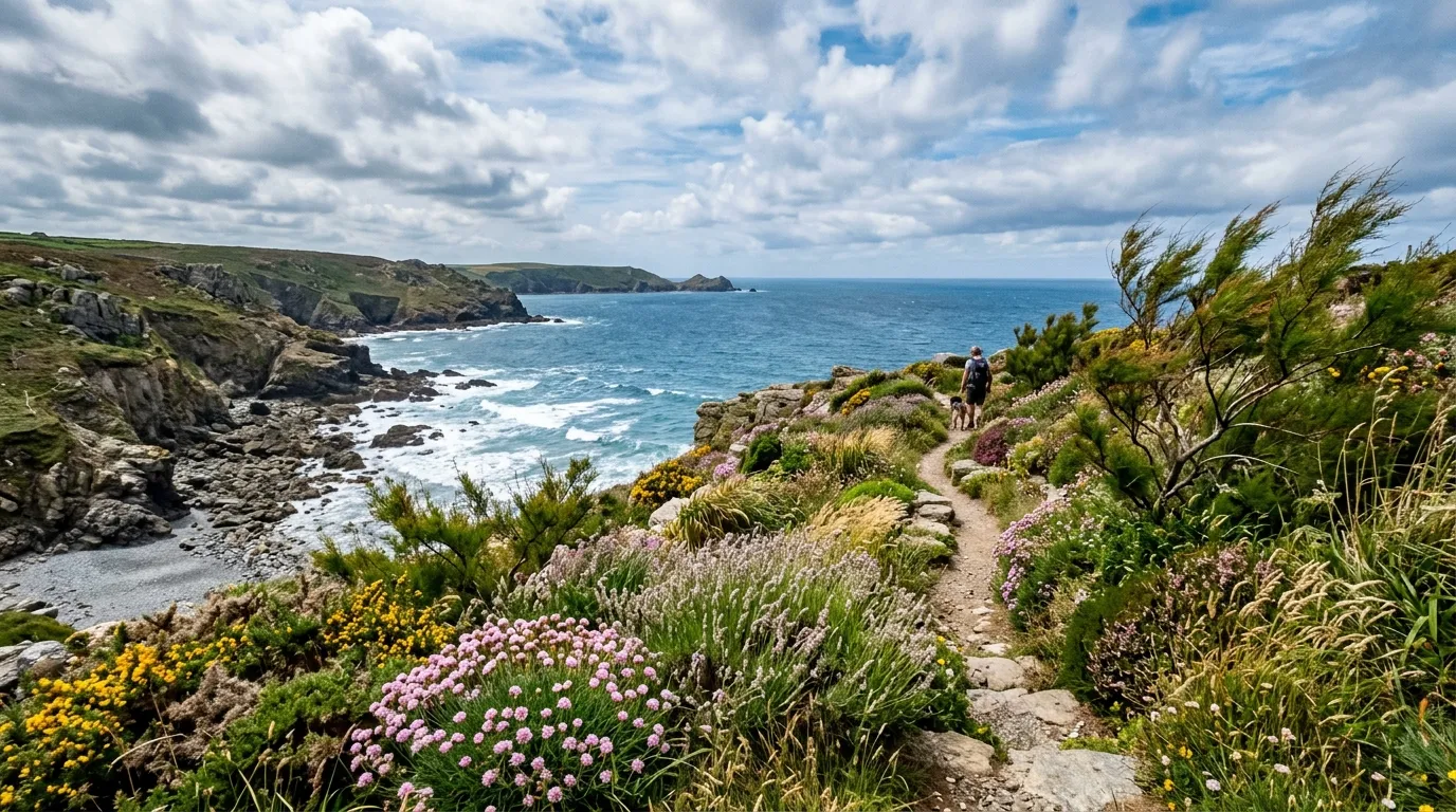 Salt-tolerant coastal garden on the UK shoreline with sea thrift and grasses blowing in the wind