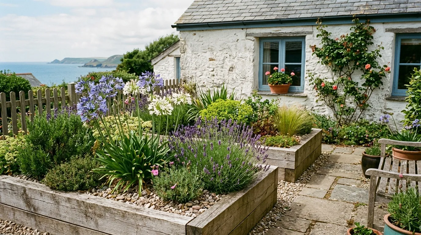 Raised timber beds in a sheltered UK coastal garden with Mediterranean-style planting