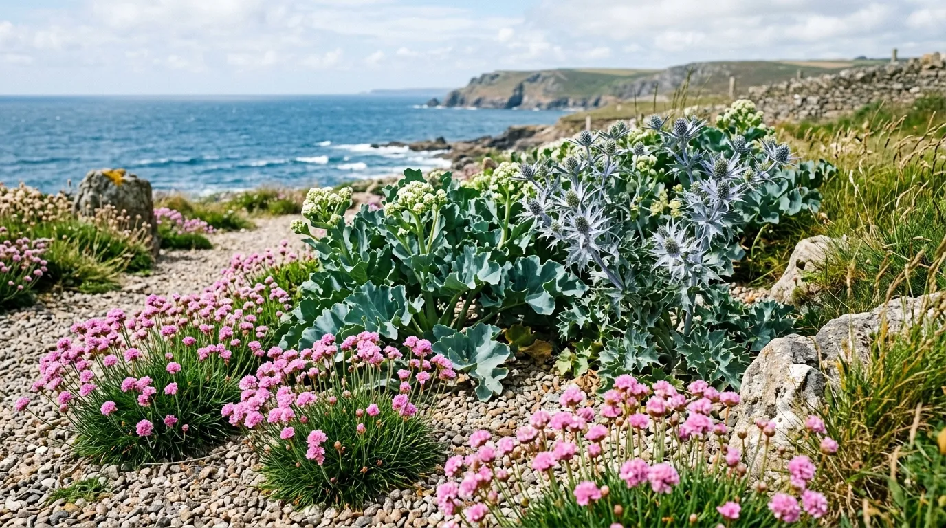 Salt-tolerant coastal plants thriving in a UK seaside garden with sea thrift and eryngium