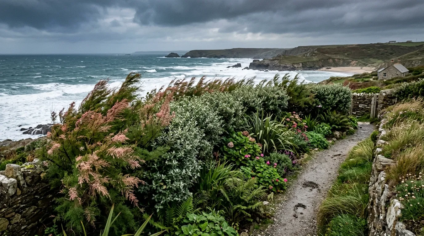 Tamarisk and escallonia shelter belt protecting a coastal garden from salt wind