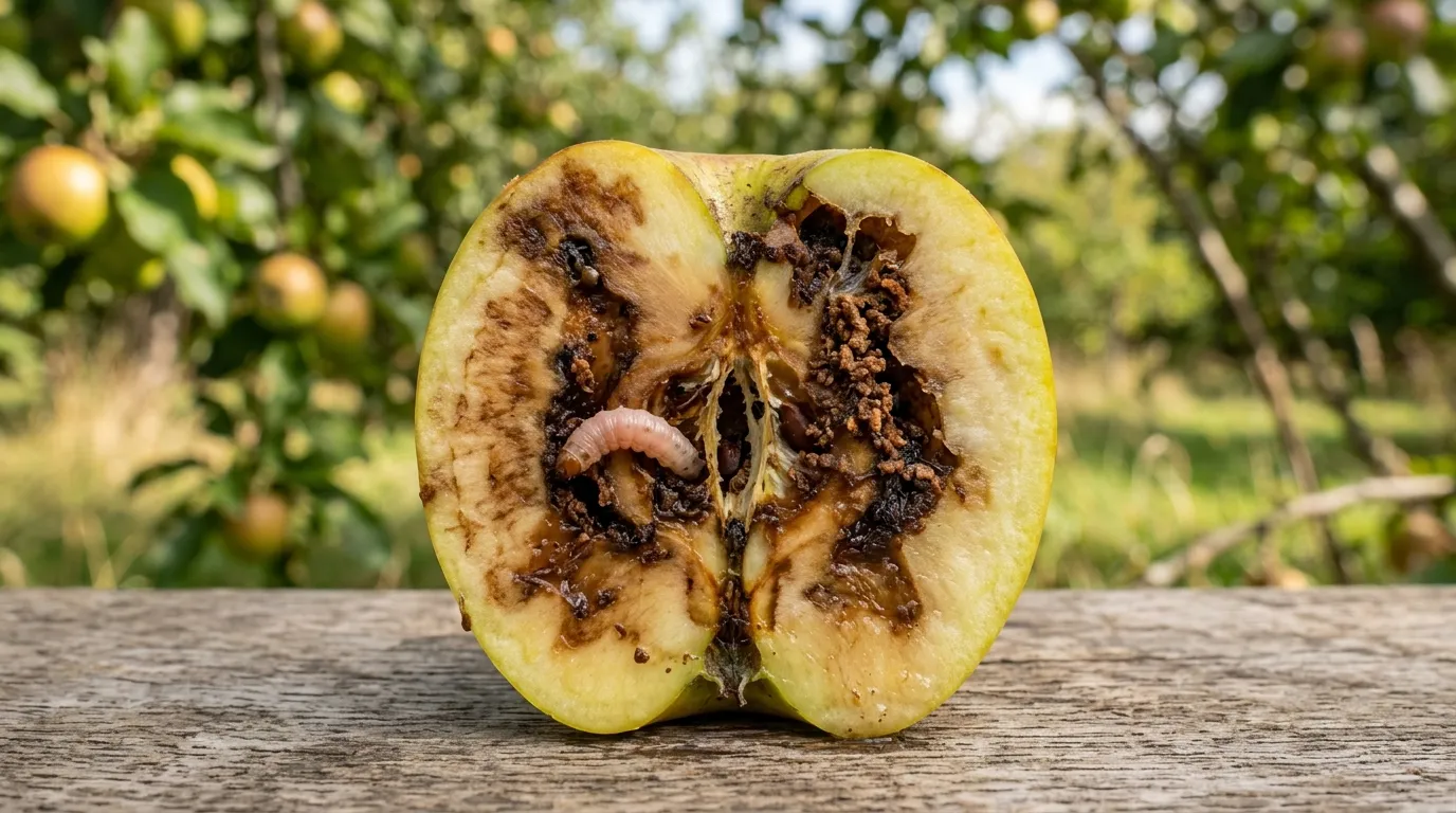 Codling moth caterpillar damage inside a cut-open apple from a UK orchard