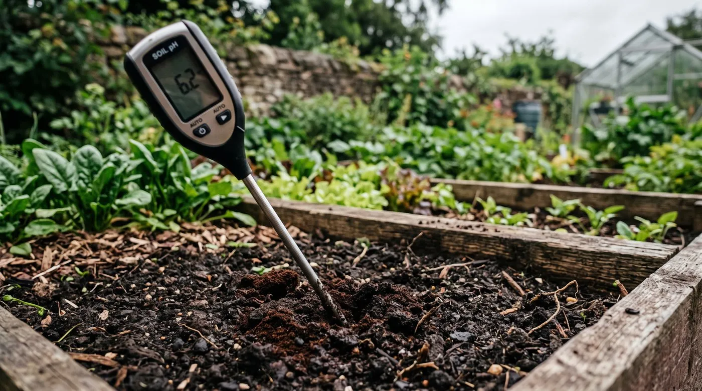A digital pH meter probe pushed into dark soil that has been dug with coffee grounds, reading close to neutral