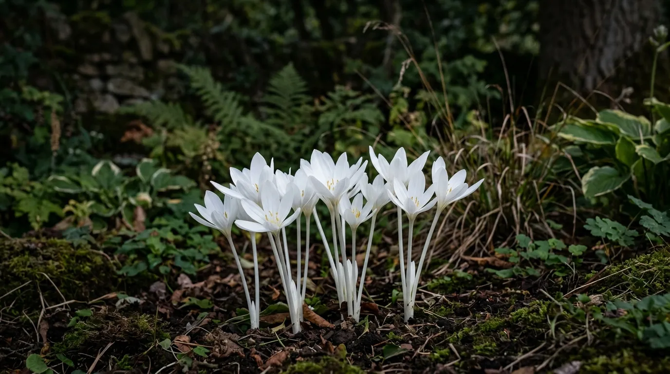 Colchicum Album white autumn crocus flowers glowing in a UK garden border at dusk in September