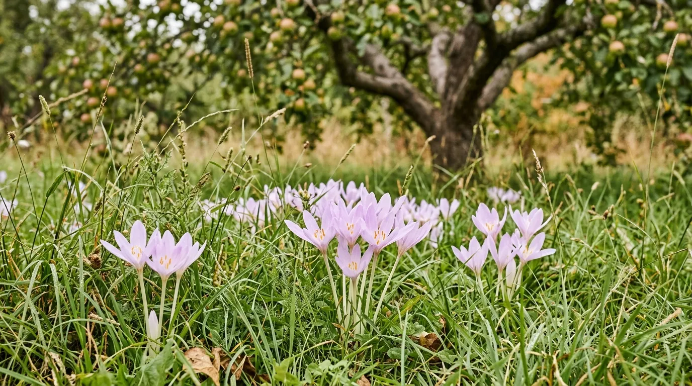 Colchicum autumnale naturalised in orchard grass meadow in September UK garden