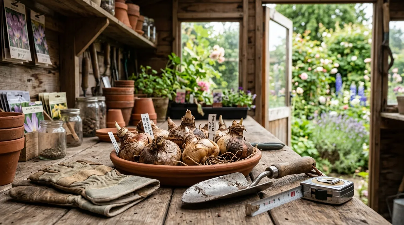 Colchicum corms laid out on autumn planting bed with gardening gloves and measuring tape UK