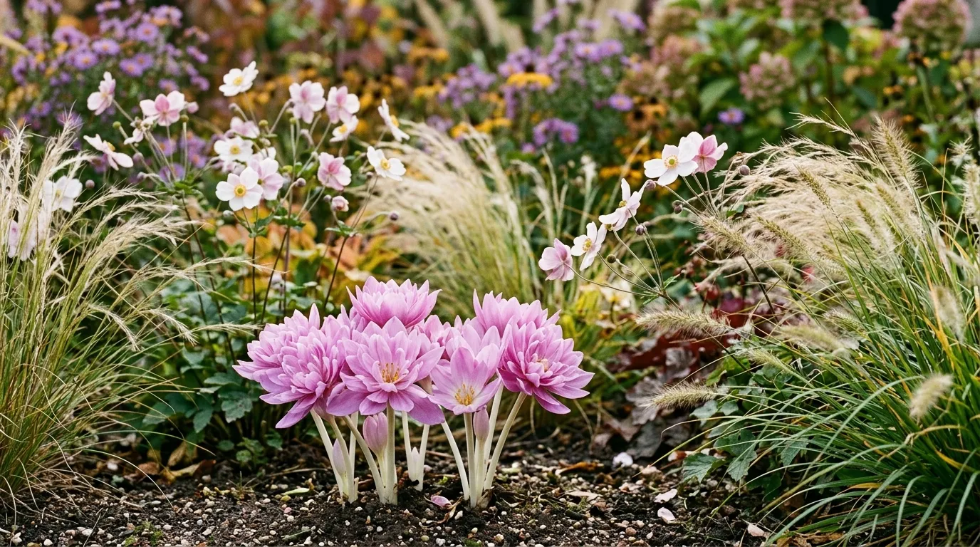 Colchicum Waterlily double flowers with autumn perennials and ornamental grasses in a UK border