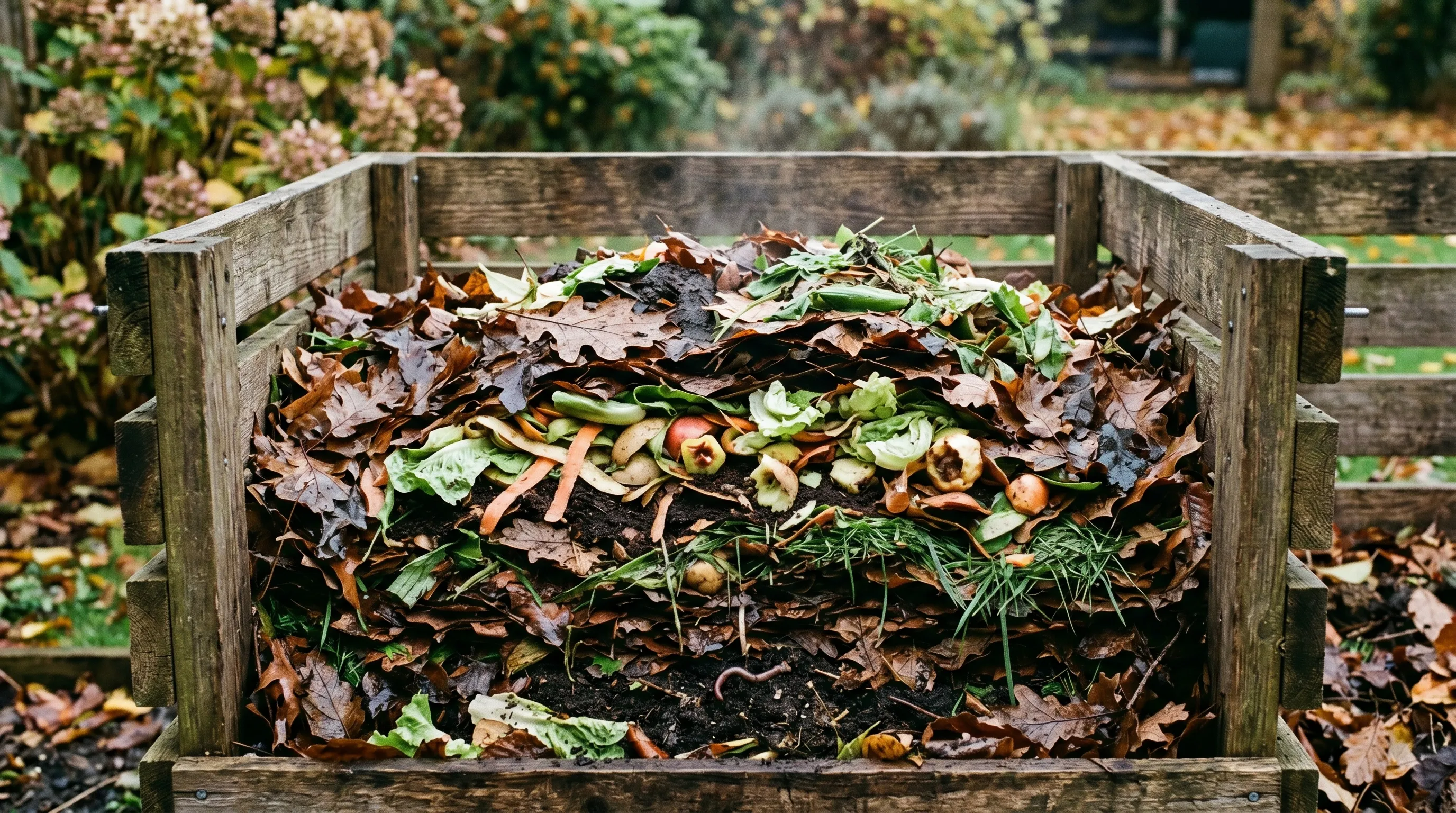 Close-up of a cold compost pile in a UK garden showing visible layers of brown autumn leaves alternating with green kitchen waste in a wooden bay