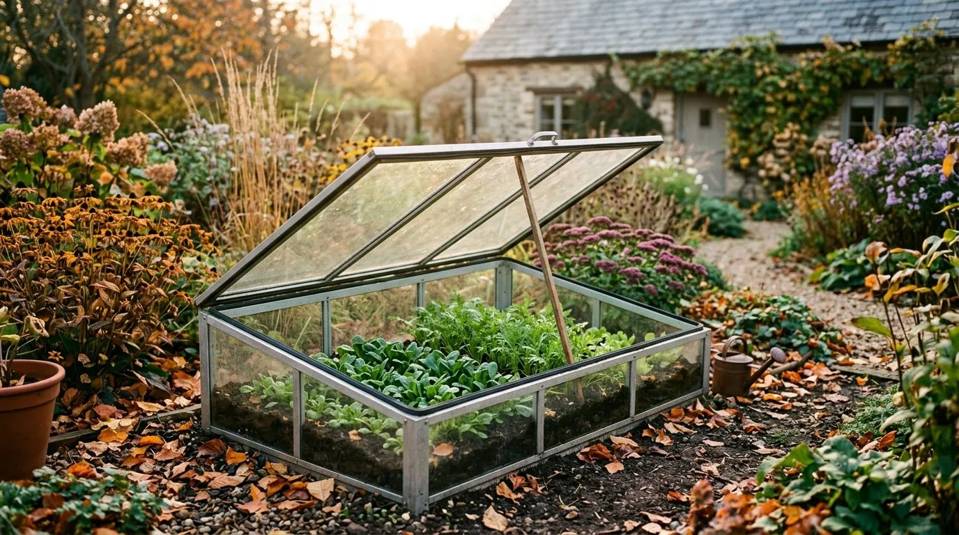 Aluminium cold frame with autumn salad crops growing in a UK cottage garden