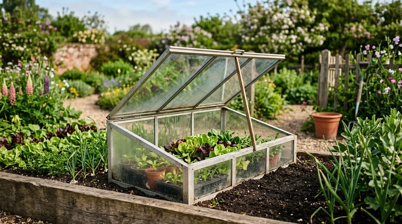 Access cold frame with seedlings hardening off in a spring vegetable garden