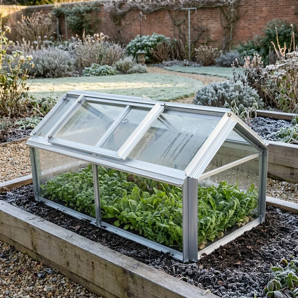 Cold frame used as a mini greenhouse alternative for overwintering herbs and seedlings