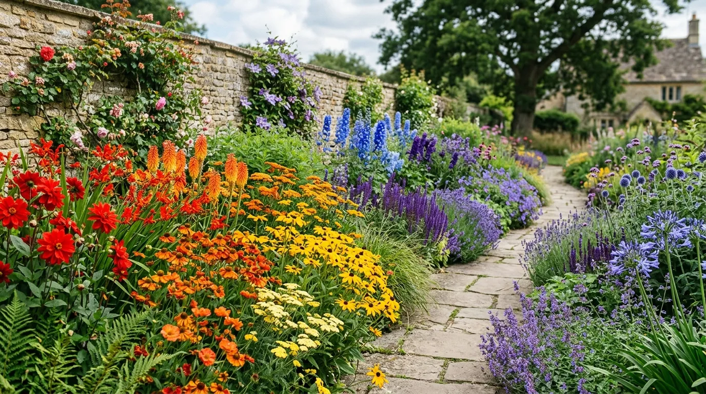 UK garden border showing colour theory with warm reds and oranges blending into cool blues and purples