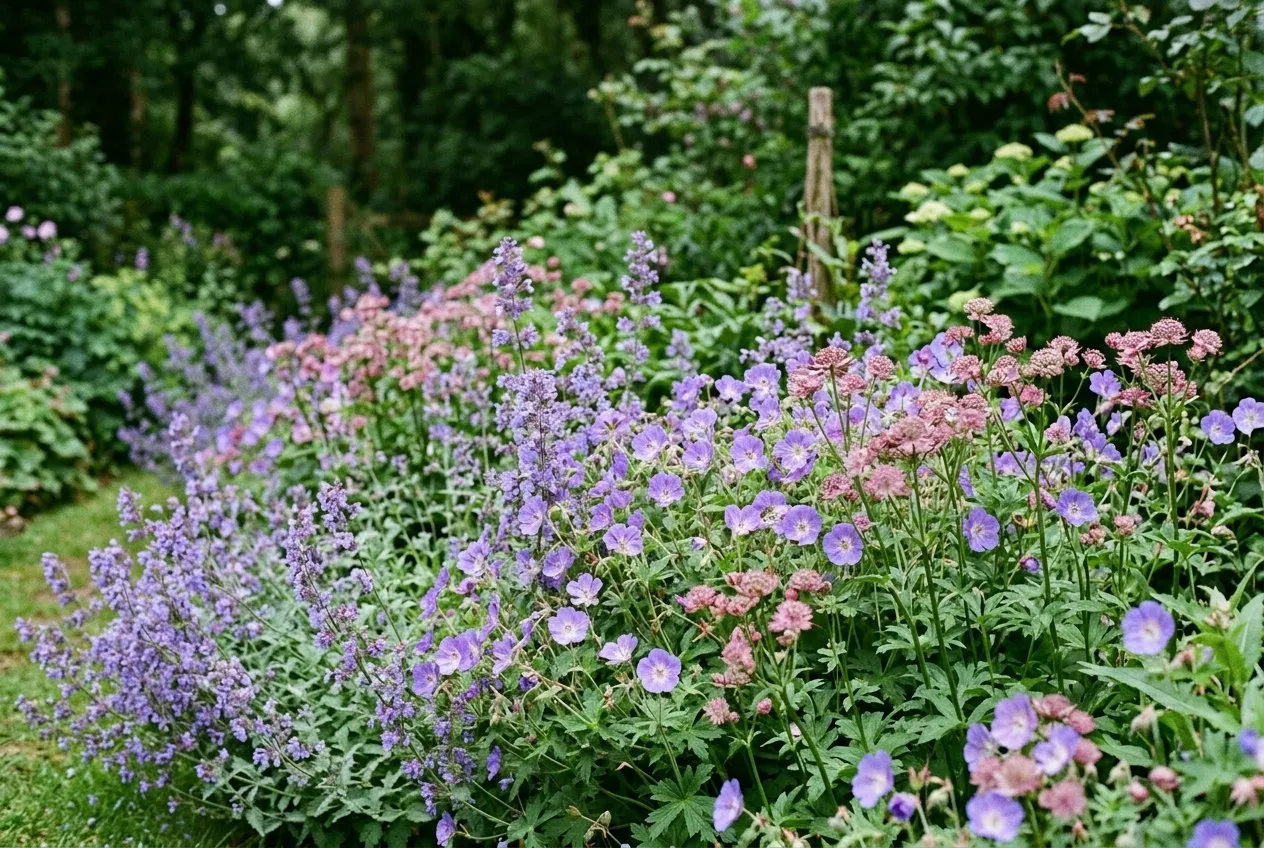 A planted UK garden border in early July showing a clear three-colour analogous scheme of blue catmint, purple salvia and pink hardy geranium drifting together