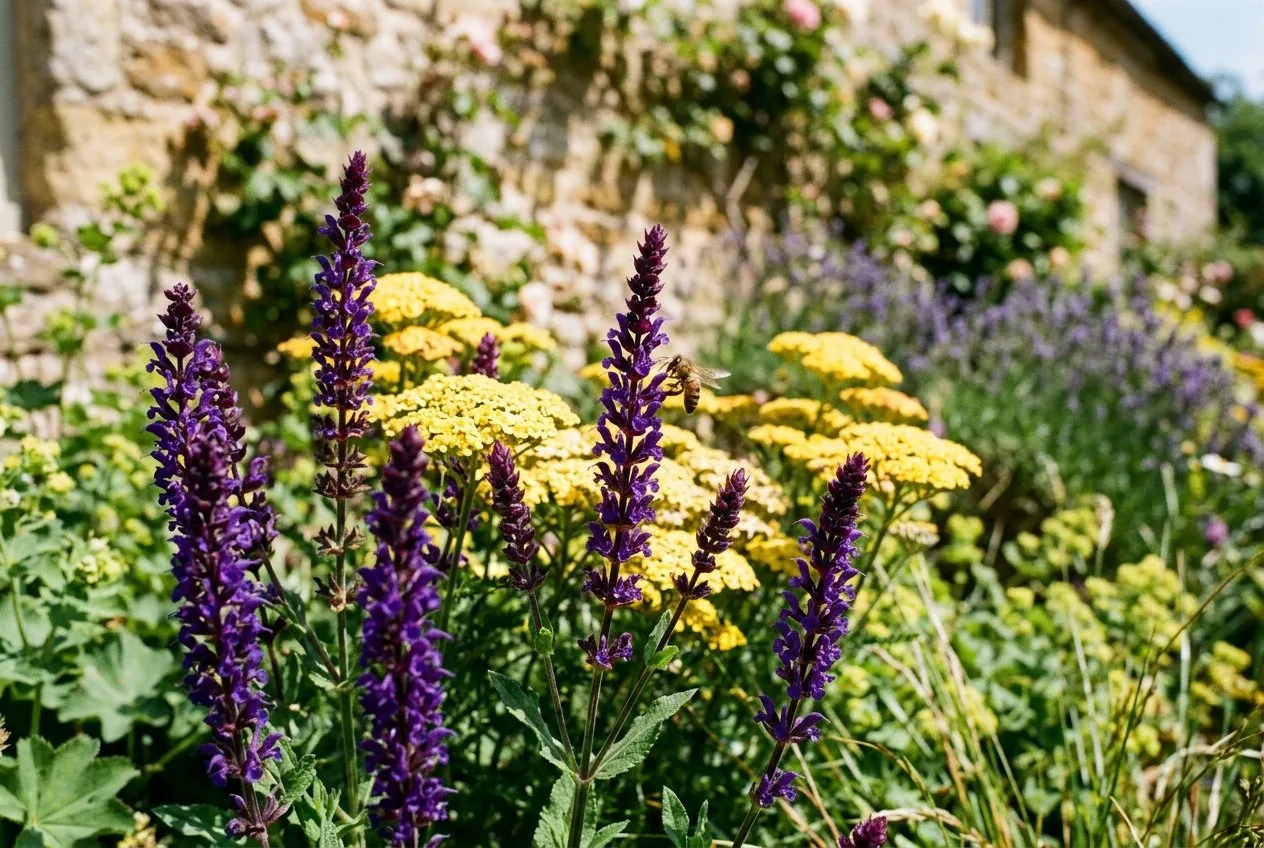 A bold complementary border in a UK cottage garden with deep purple salvia spikes planted directly in front of flat golden-yellow achillea heads in bright sun
