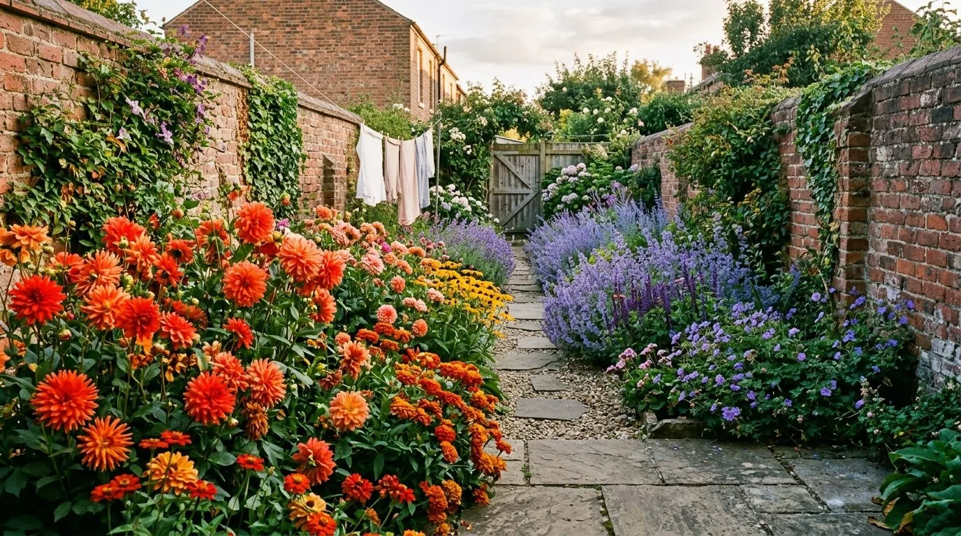 A long narrow UK terraced garden using hot red and orange dahlias near the house and cool blue and purple planting at the far boundary to add a sense of depth