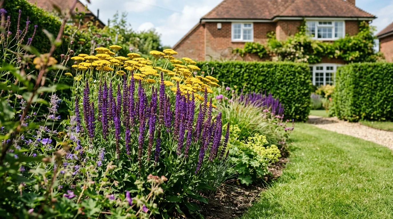 A wide UK suburban border in full summer colour showing a complementary purple-and-yellow planting scheme of salvia and achillea against a green backdrop