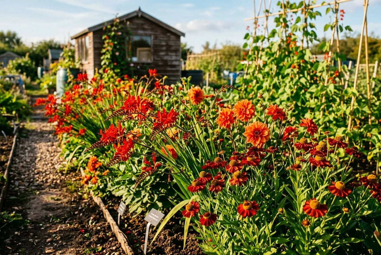 A vivid hot border in a UK allotment plot packed with scarlet crocosmia, orange dahlias and deep red heleniums in strong afternoon sun