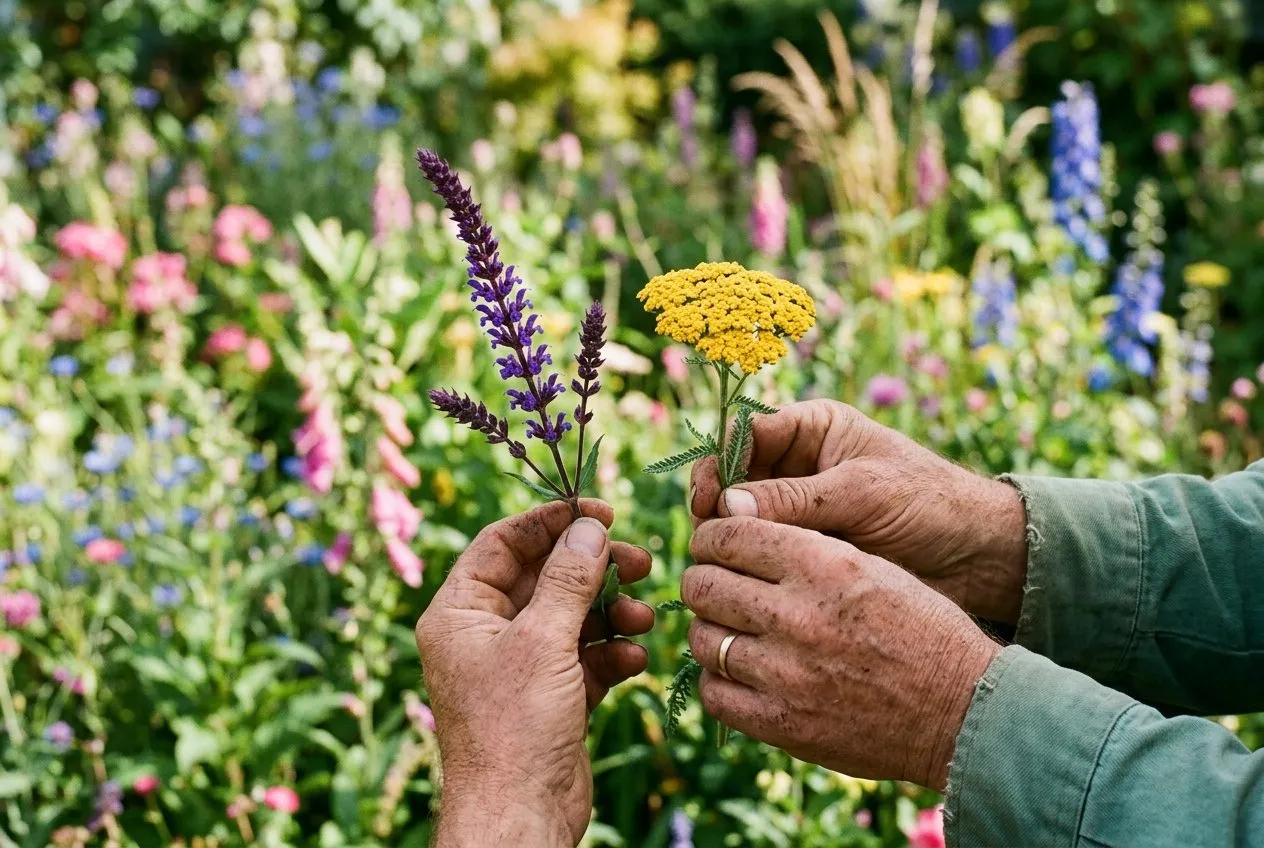 A UK gardener kneeling beside a sunny border holding a small handful of cut purple salvia and yellow achillea flowers, comparing the two opposite colours before planting