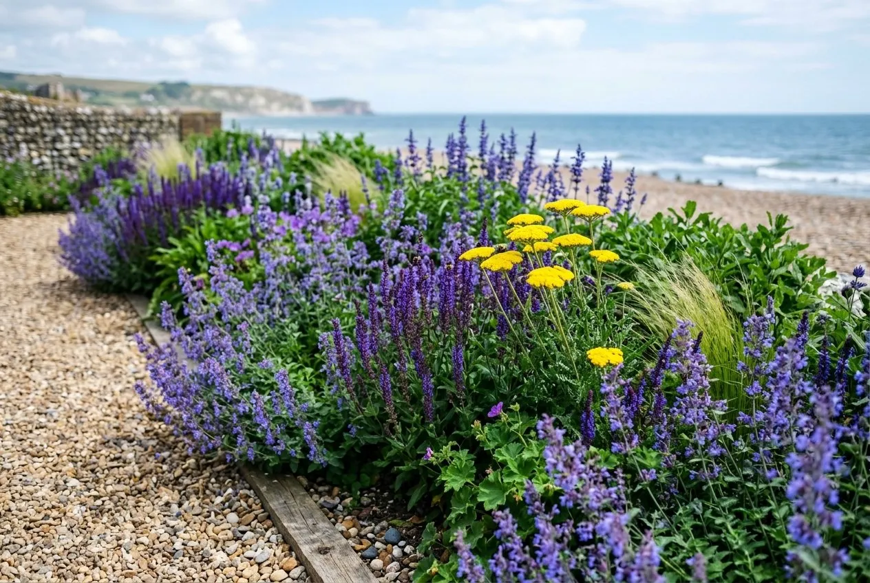 A UK seaside garden border combining a calm analogous scheme of blue and purple with a single bold yellow accent plant, showing two schemes linked by green foliage