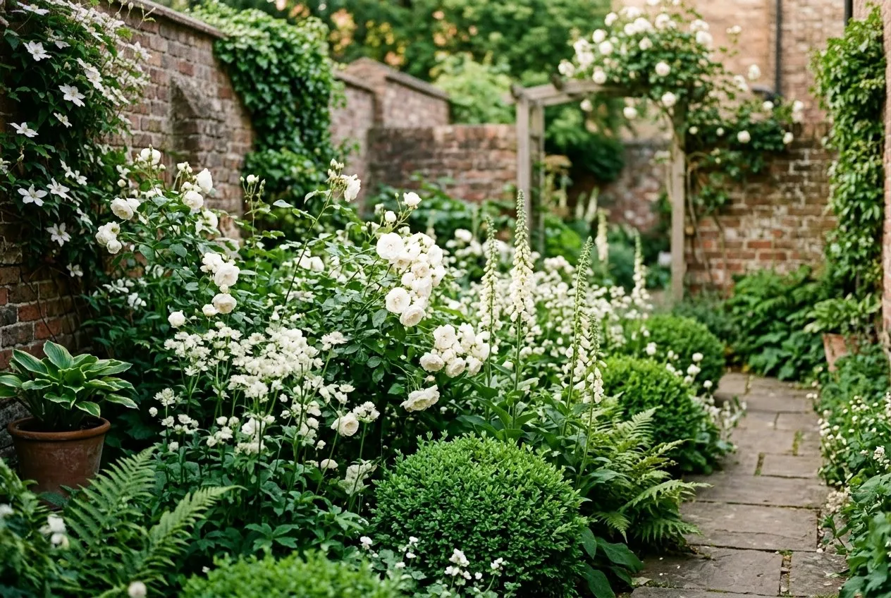 A serene white-and-green border in a UK city courtyard garden with white roses, white astrantia and cream foxgloves set against clipped box and ferns