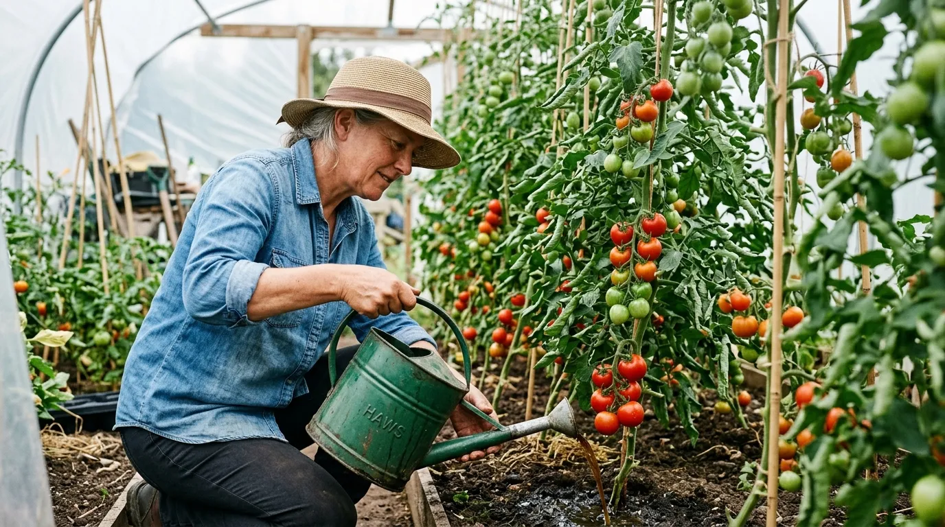 White UK woman around 50 in a denim shirt and straw hat feeding diluted comfrey liquid at the base of trussed tomato plants inside a polytunnel, ripening fruit visible in the trusses above the watering can