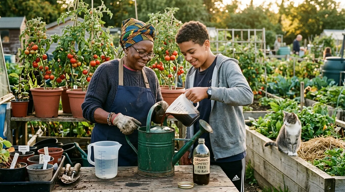 Black-British grandmother around 70 and her teenage grandson diluting dark comfrey concentrate at 1 to 10 into a green watering can on a UK allotment, mature tomatoes in pots behind, a small grey and white cat watching from the edge of a raised bed