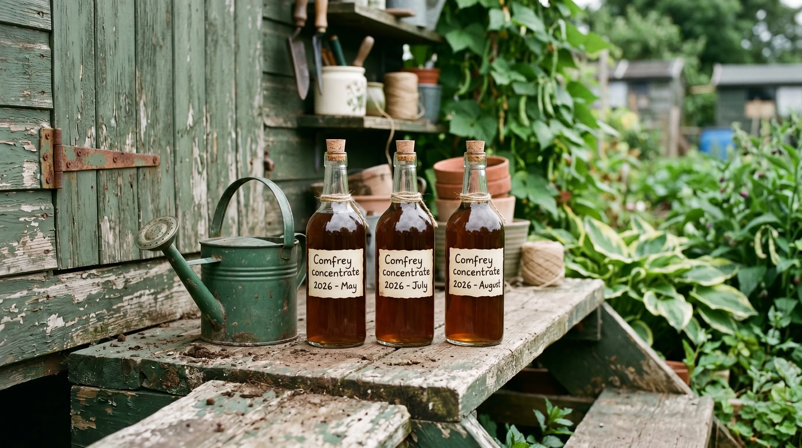 Three sealed glass bottles of dark amber comfrey liquid concentrate lined up on a UK allotment shed step beside a green watering can