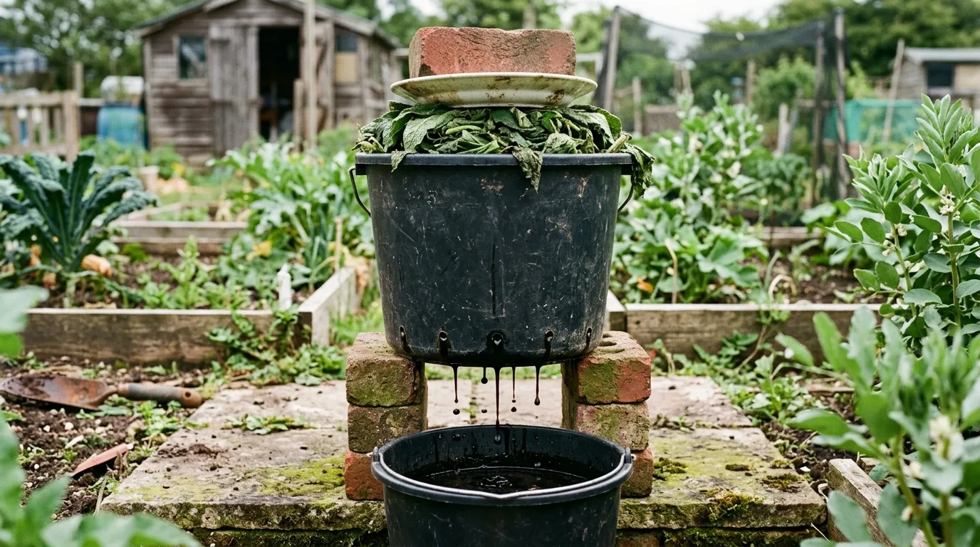 No-water comfrey concentrate setup on UK allotment: upper black bucket raised on house bricks above lower bucket, holes drilled in base, leaves weighted with plate and brick, black tarry liquor dripping into collection bucket below