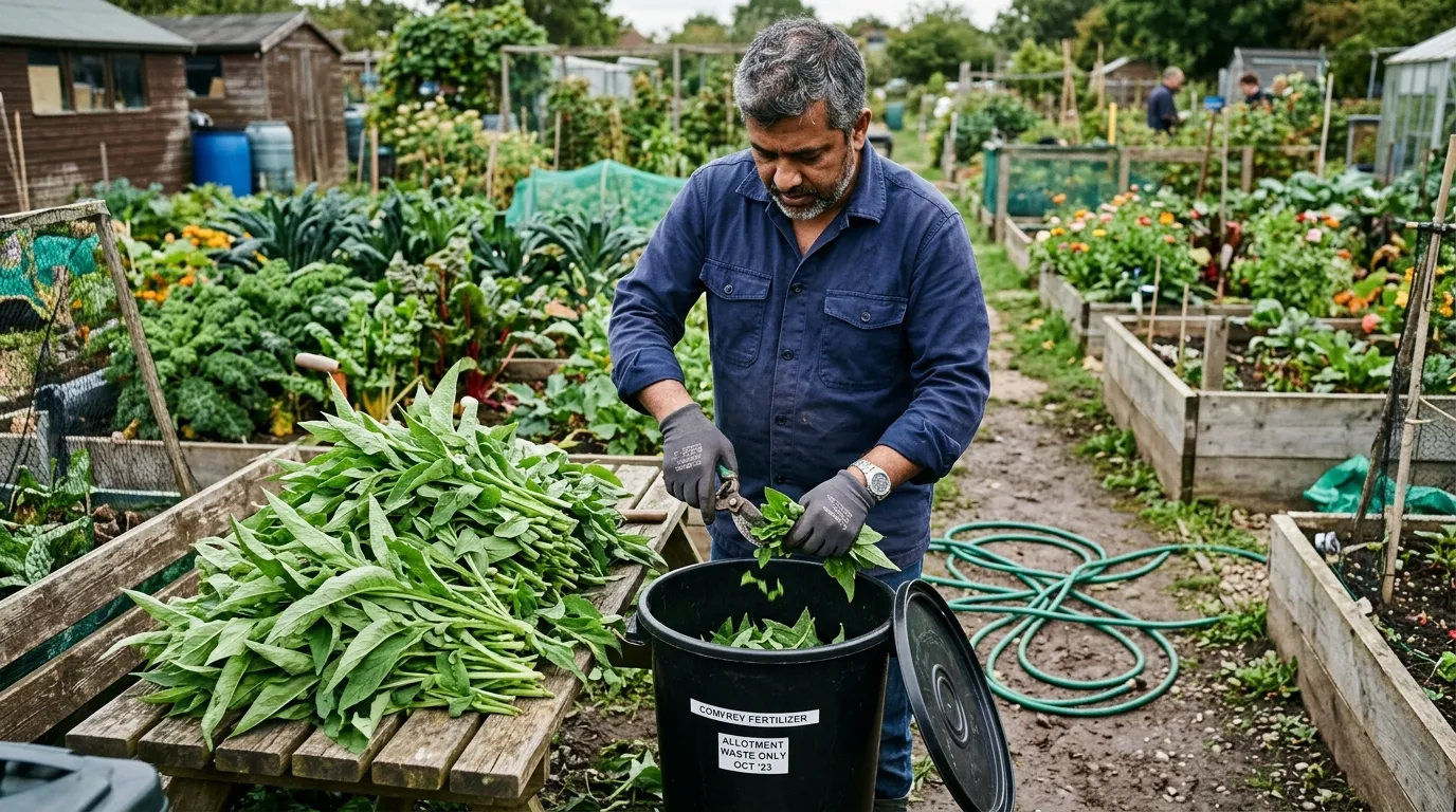 Bangladeshi-British UK gardener around 45 chopping fresh comfrey leaves into a black food-grade 25 litre bucket on a UK allotment, ready to begin the water-method ferment