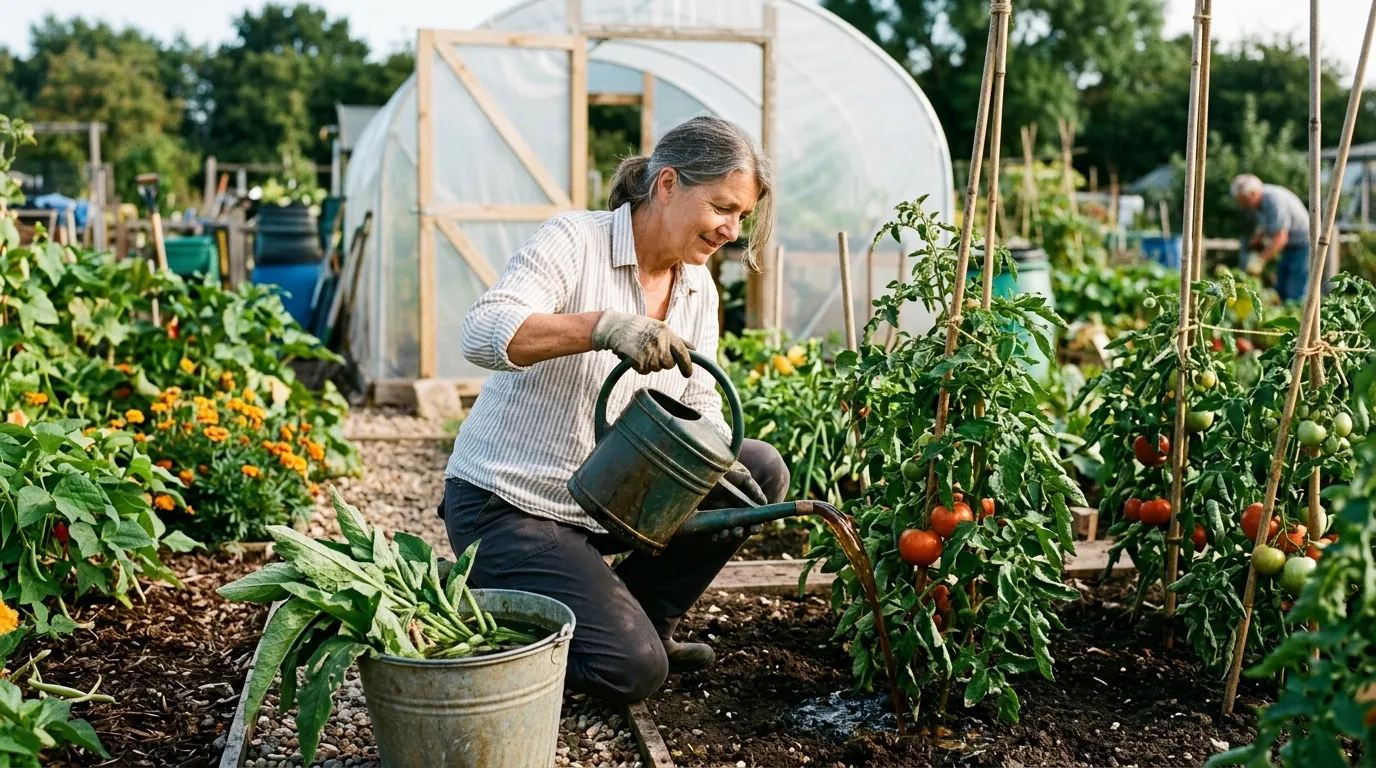 Homemade comfrey liquid feed being poured onto tomato plants in a UK allotment