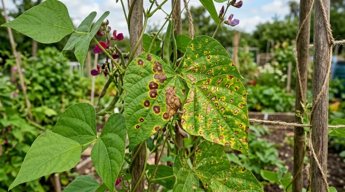 Runner bean leaves showing chocolate spot and halo blight disease in a UK allotment
