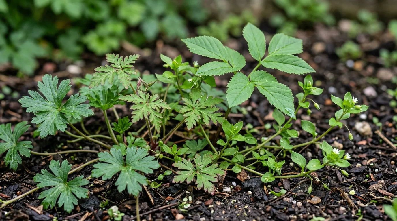 Common garden weeds growing in a UK garden border with dandelions and clover visible
